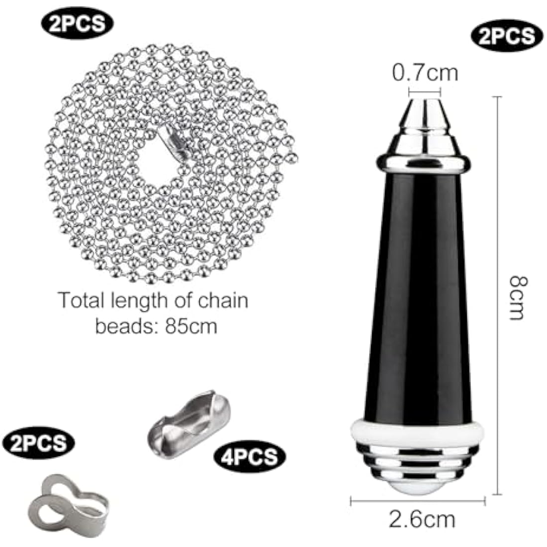 TXErfolg 2Pcs Light Pull Chain Extension with Ball Chain 85cm Length Bathroom Light Pull Cord Handle Chrome Light Switch Pull Chain for Shower/Ceiling/Toilet Light Fan Switch Blinds(Black)