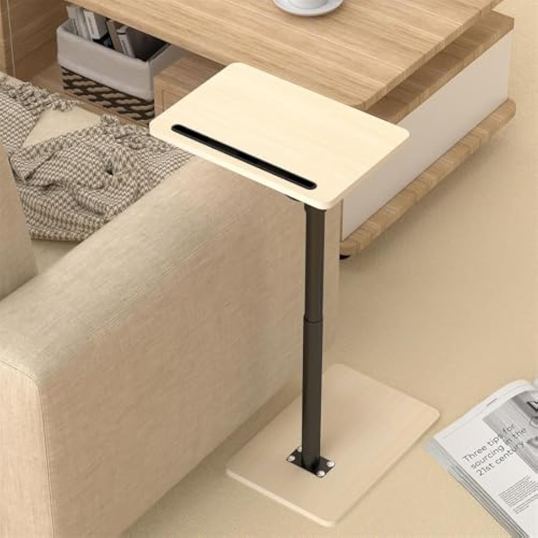 YUHFERA Couch Side Table - 360°Swivel Height Adjustable End Table,Sofa Armrest Tray Table,Snack Side Table for Bed or Chair with Phone & Tablet Slot,Oak white Standard