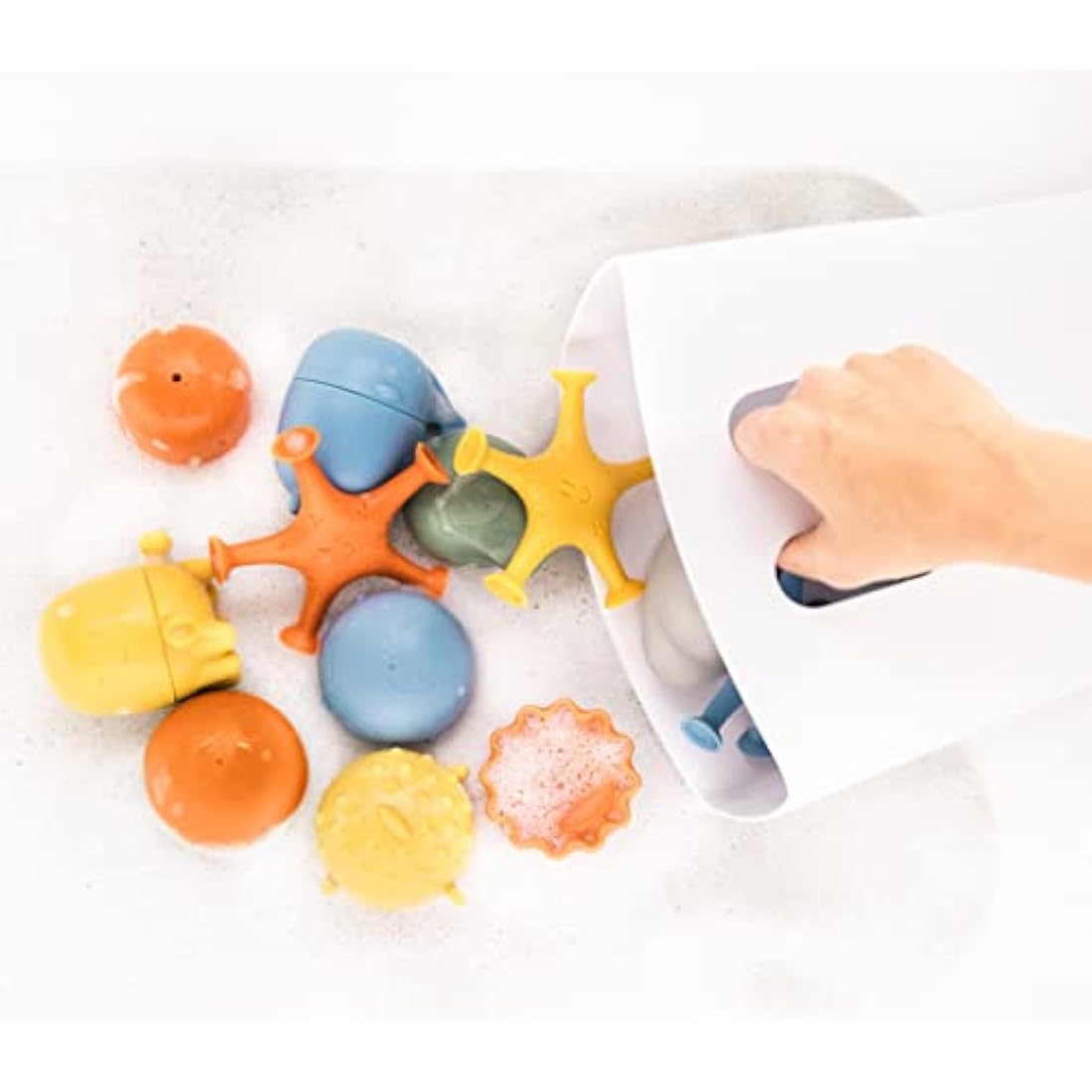 Ubbi Bath Time Essential Gift Set, Includes Drying Bin and 12 Water Toys for Toddler Bath Time Play, Baby Bath Accessory, Muted Blue