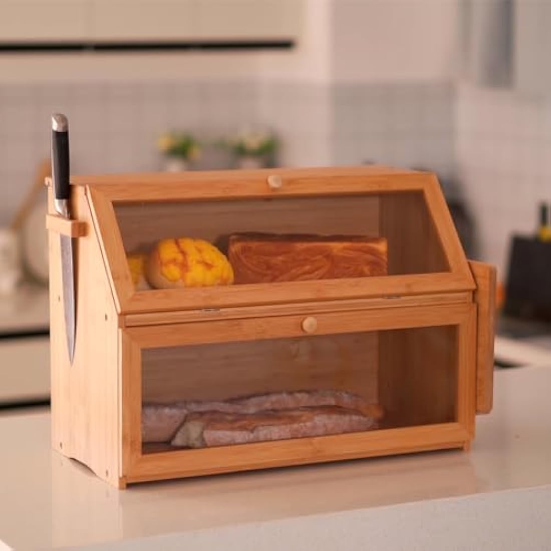 Leader Accessories Double Decker Bamboo Bread Bin 2-Layer Bread Box Large Capacity Bread Storage for Kitchen 19.7"x9.8"x14.5"