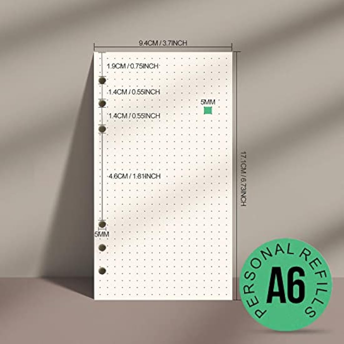 FANDAMEI 180 Sheets/360 Pages A6 Refills Dotted Paper, 100 GSM Personal Organiser Inserts for A6 Binder, 6-Hole Dot Paper, 171x94mm