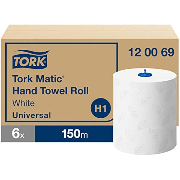 Tork Matic Hand Towel Roll White H1, Universal, Embossed for Efficient Drying, 6 x 150m rolls, 120069