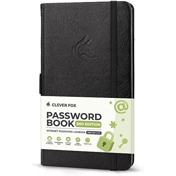 Clever Fox Password Book 2nd Edition – Hardcover Password Keeper with Laminated Alphabetical Tabs – Internet Address Notebook & Login Details Organizer Journal – 10.4x19.3cm (Black)
