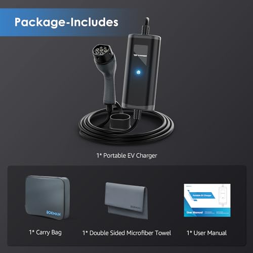 bokman EV Charger Type 2 to 3 Pin Plug, 5M / 3.3kW / 13A / IP65 Waterproof, Electric Car Charger with LED Indicators, Type 2 Charging Cable 3 Pin with Carry Bag & Microfiber Towel
