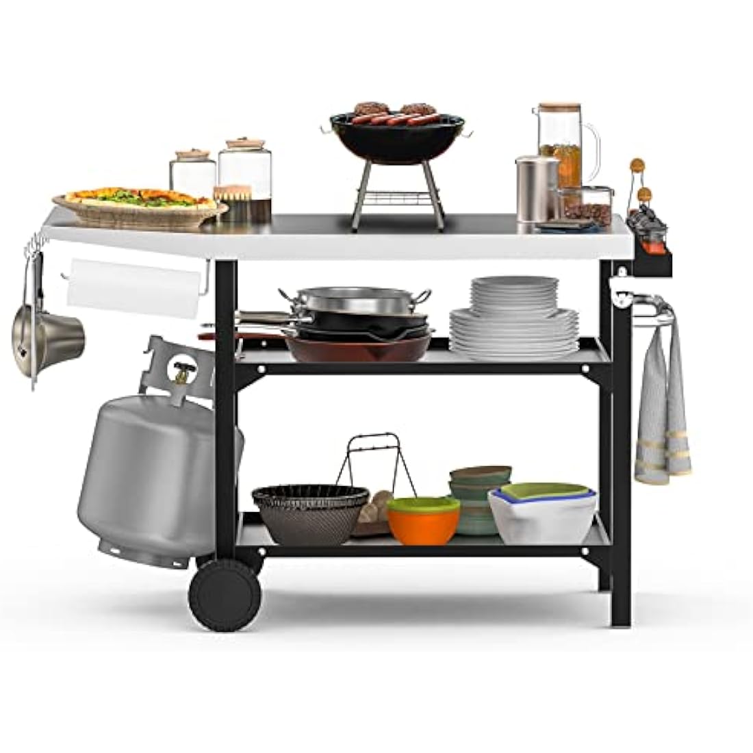 onlyfire BBQ Trolley Food Prep Table Stainless Steel, Flattop Worktable with Side table, Two-Layer Steel Storage Shelves and Utensil Holder
