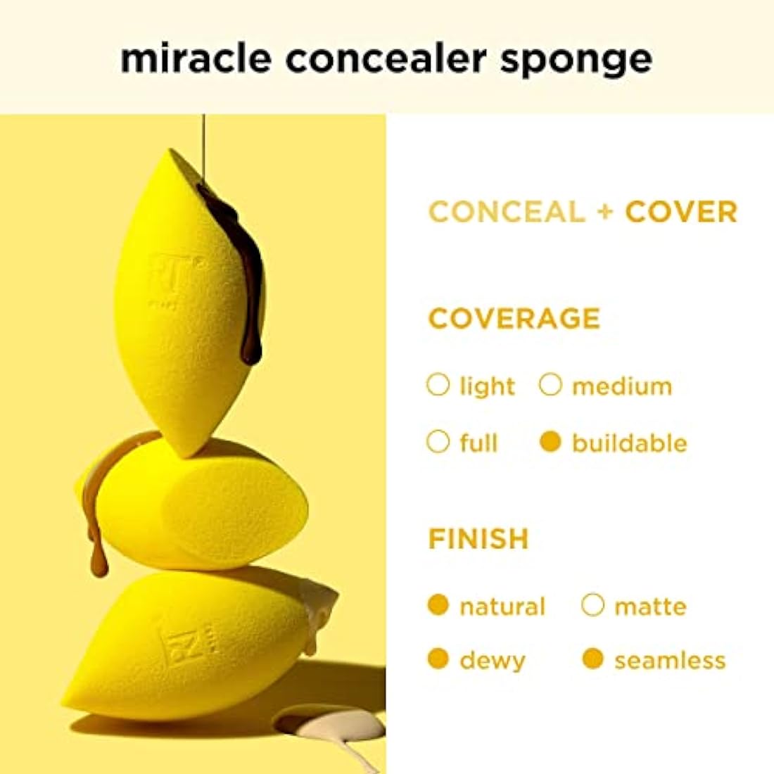 Real Techniques Miracle Concealer Sponge - Elongated Shape for Precise Application, Yellow Latex-Free Foam, 2 Count