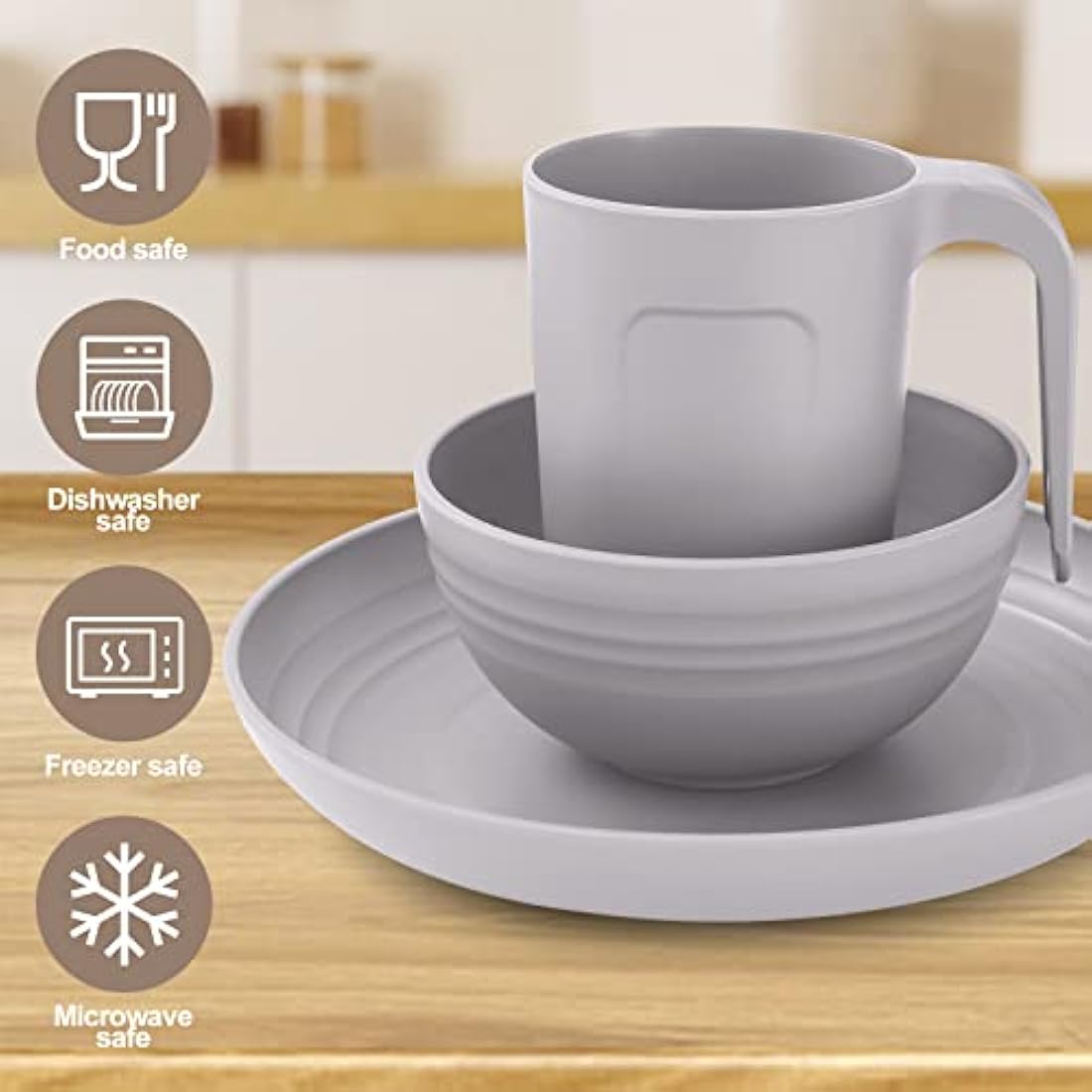 Odoland Lightweight Unbreakable Cutlery Sets for 4 People, Microwave and Dishwasher Safe Plates Bowls Mug Kit, Reusable Dinnerware with Cutlery, for Camping, Kitchen Gray