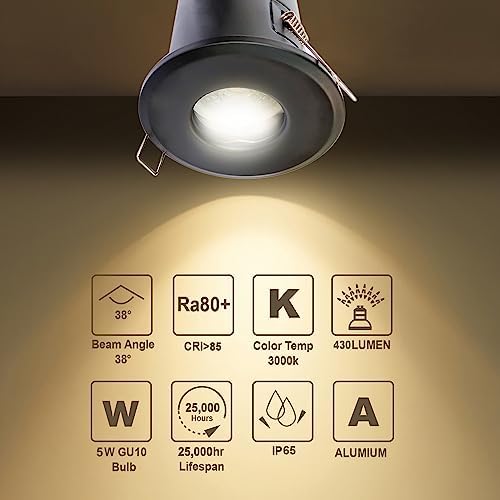 4XSweier 90 Minute Fire Rated Ceiling Recessed LED Spotlight, 5W 3000K Warm White IP65 Waterproof Bathroom LED Recessed Downlight, Cutout 75mm. Black (Non-Dimmable)