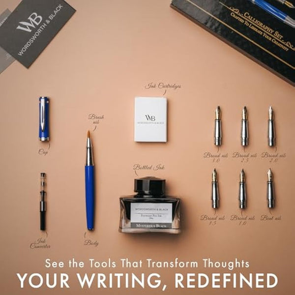 Wordsworth & Black Calligraphy Pen Gift Set, Includes Ink Bottle, 6 Ink Cartridges, Ink Refill Converter, 6 Replacement Nibs, Premium Package, Journaling, Smooth Writing Pens [Blue Chrome]