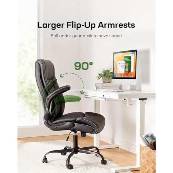 Marsail Executive Office Chair with Flip-up Armrests,PU Leather Ergonomic Office Chair with Tilt Function Height-Adjustable Swivel Rolling for Home Office Working