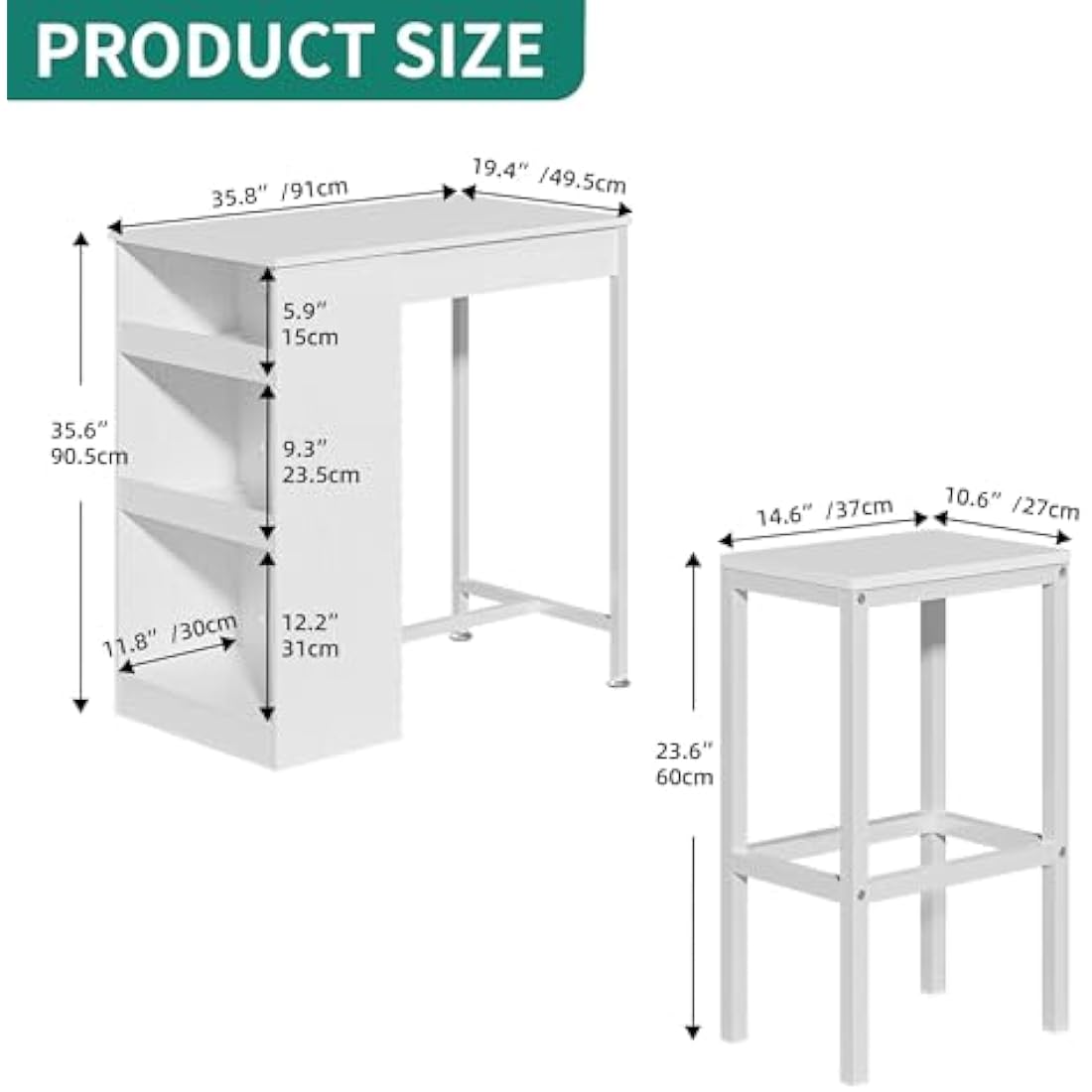 YITAHOME Breakfast Bar Table, Bar Table Set with Bar Stools, 2, Bar Table and Stools Set Dining Bar Tables Footrest and Storage Shelf for Kitchen Dining Room Pub Industrial Steel Frame(White)