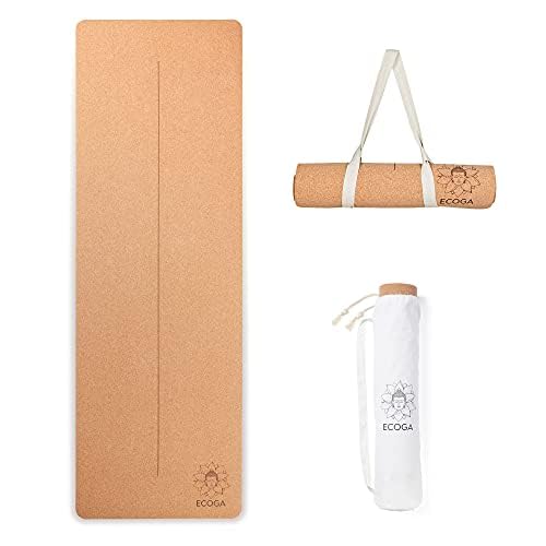 Ecoga Cork Yoga Mat With Alignment Lines - Thick Yoga Mat with Natural Rubber Base - Nonslip, Eco-friendly Pilates Mat for Stretching, Gym Workout &