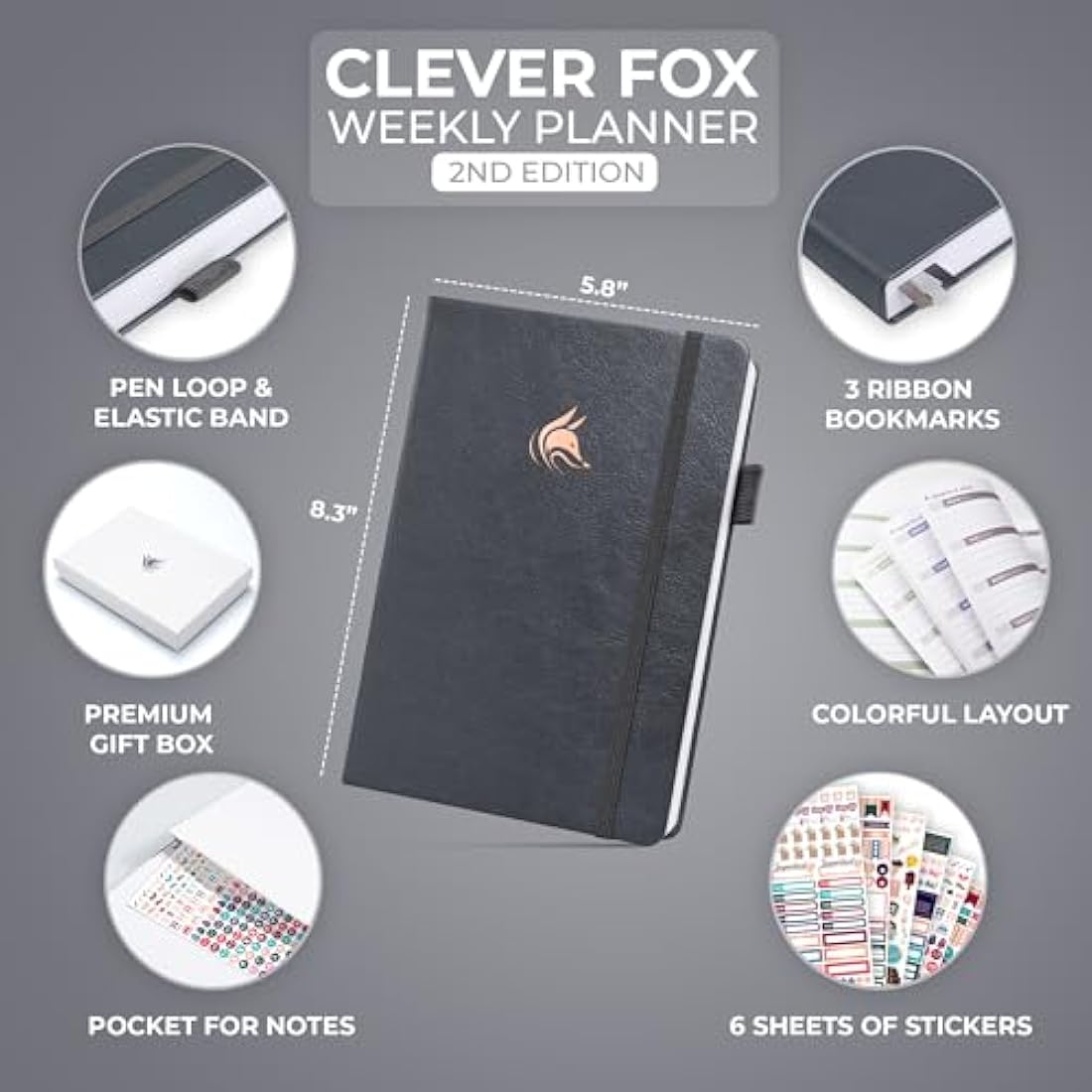 Clever Fox Planner 2nd Edition – Colorful Weekly & Monthly Goal Planner, Time Management & Productivity Organizer, Undated, A5 (Silver Black)