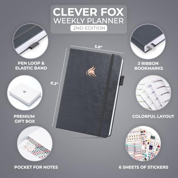 Clever Fox Planner 2nd Edition – Colorful Weekly & Monthly Goal Planner, Time Management & Productivity Organizer, Undated, A5 (Silver Black)