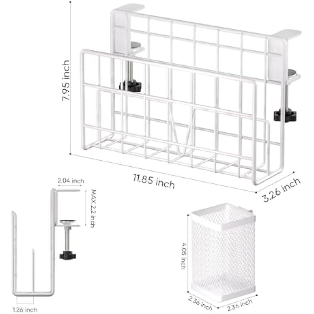 THYGIFTREE Desk Side Storage, Vertical Laptop Stand, Laptop Holder Desk with Pen Holder, Clamp on Shelf (WHITE)