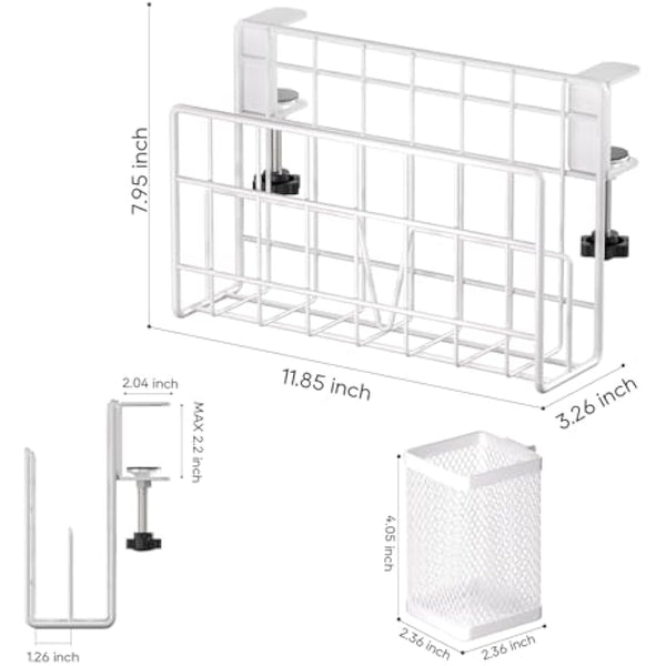 THYGIFTREE Desk Side Storage, Vertical Laptop Stand, Laptop Holder Desk with Pen Holder, Clamp on Shelf (WHITE)