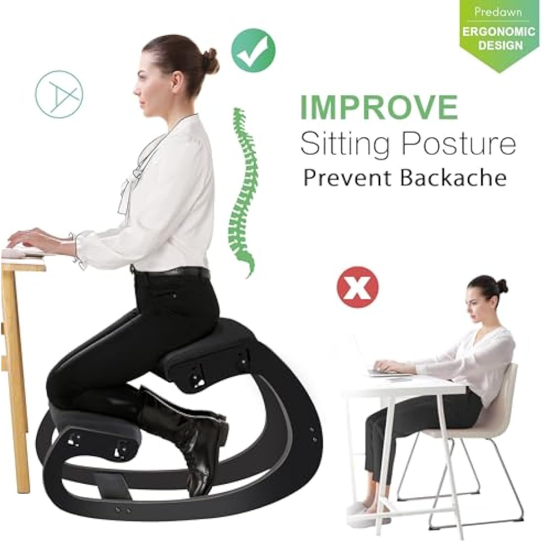 Predawn Adjustable Ergonomic Kneeling Chair – Rocking Posture Stool with Thick Cushion, Solid Wood Frame, Height Adjustable for Adults, Office or Home Meditation Seat for Back Pain Relief (Black)
