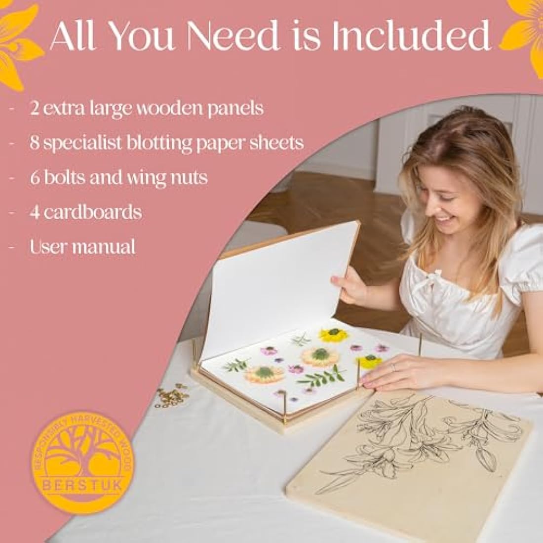 Berstuk Extra Large Flower Press Kit for Adults - Big Flower Preservation Kit 38 x 29cm (15" x 11.4") - Includes Video Tutorials - Gift-Ready Packaging for Arts and Crafts Lovers
