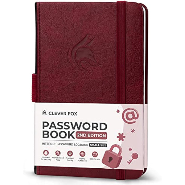 Clever Fox Password Book 2nd Edition Small – Pocket Password Keeper with Laminated Alphabetical Tabs – Internet Address Notebook & Login Details Organizer Journal – 8.9x14.2cm (Wine Red)