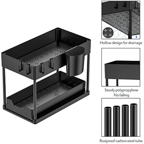 Puricon 3 Pack Under Sink Storage Kitchen Organiser, Pull Out Under Sink Organiser Kitchen, 2 Tier Sliding Under Sink Storage Drawer Under Sink Shelf -Black