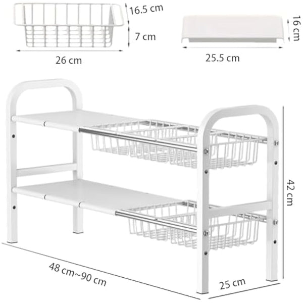 Under Sink Storage Kitchen Organiser,2 Tier Extendable Under Sink Shelf Organiser,With 5 Removable Panels And 5 Storage Basket,Stainless Steel Pipes - White