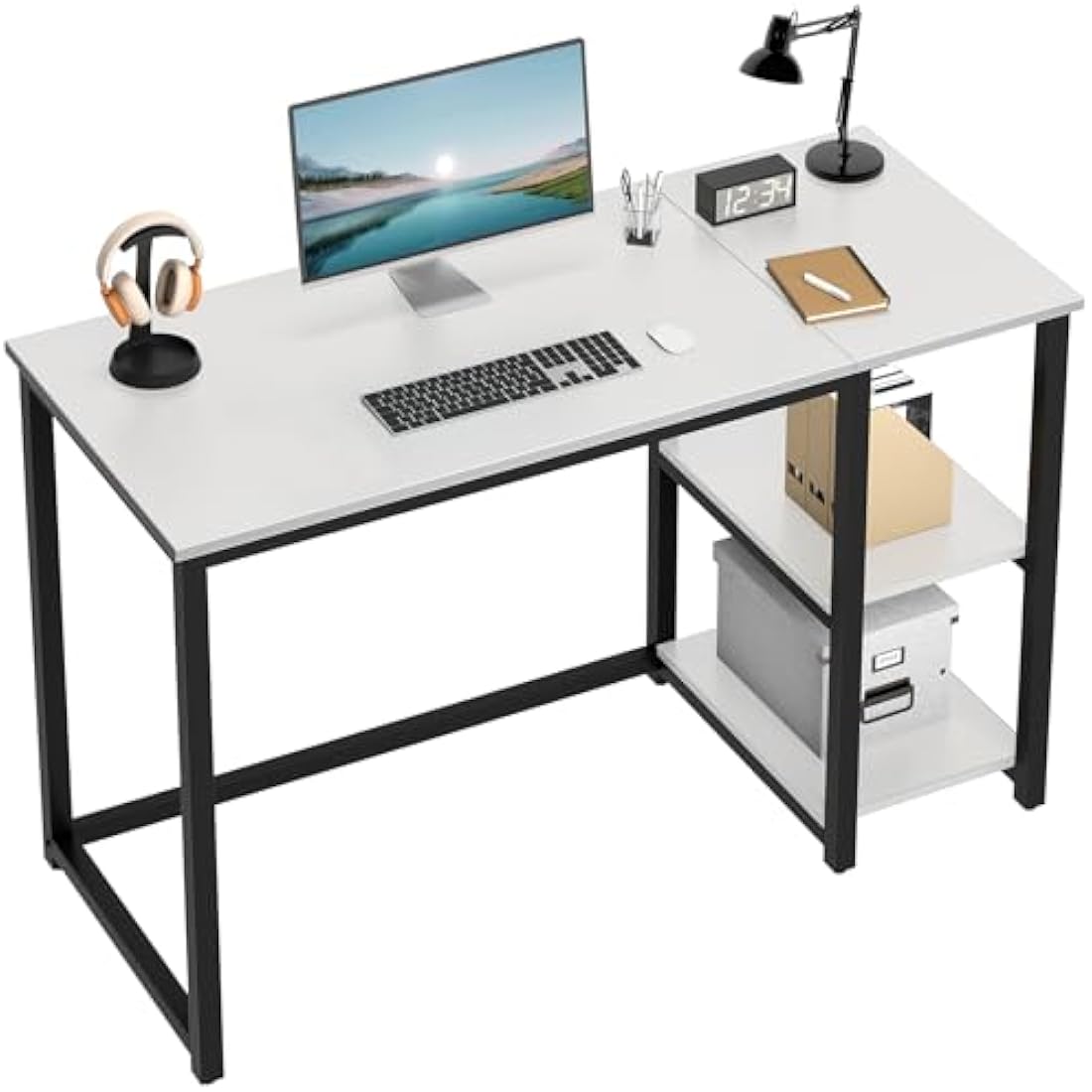 WOHOMO Computer Desk 120cm with 2-Tier Shelves Sturdy Home Office Desk with Large Storage Space Modern Gaming Desk Study Writing Laptop Table, White Desk