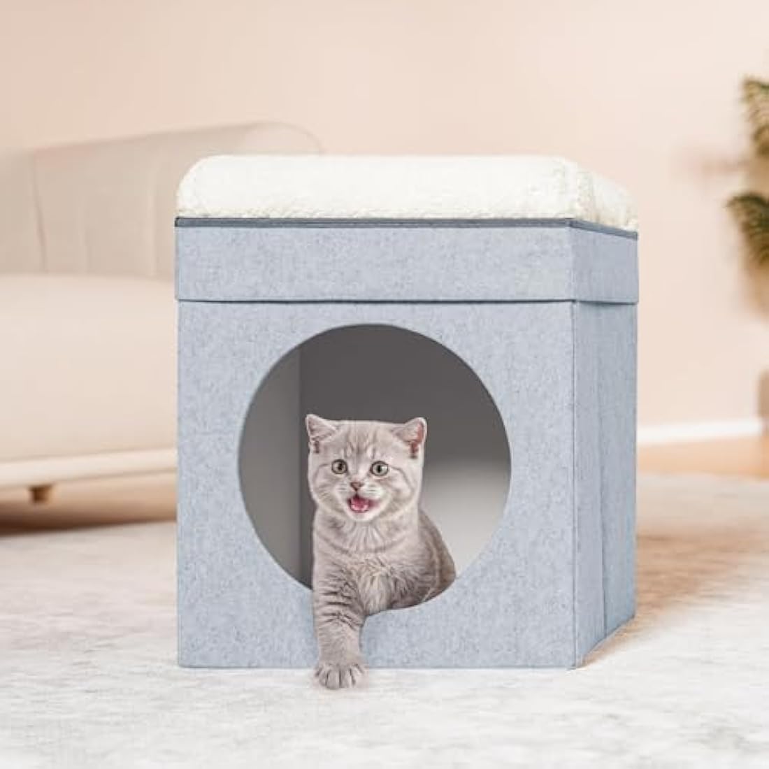 Bonlife Large Cat Beds for Indoor,Felt Pets Tent with Two Move Cushion,Warm Comfortable Semi-Enclosed Foldable Cat Hideaway,Light Grey,45X45X50CM