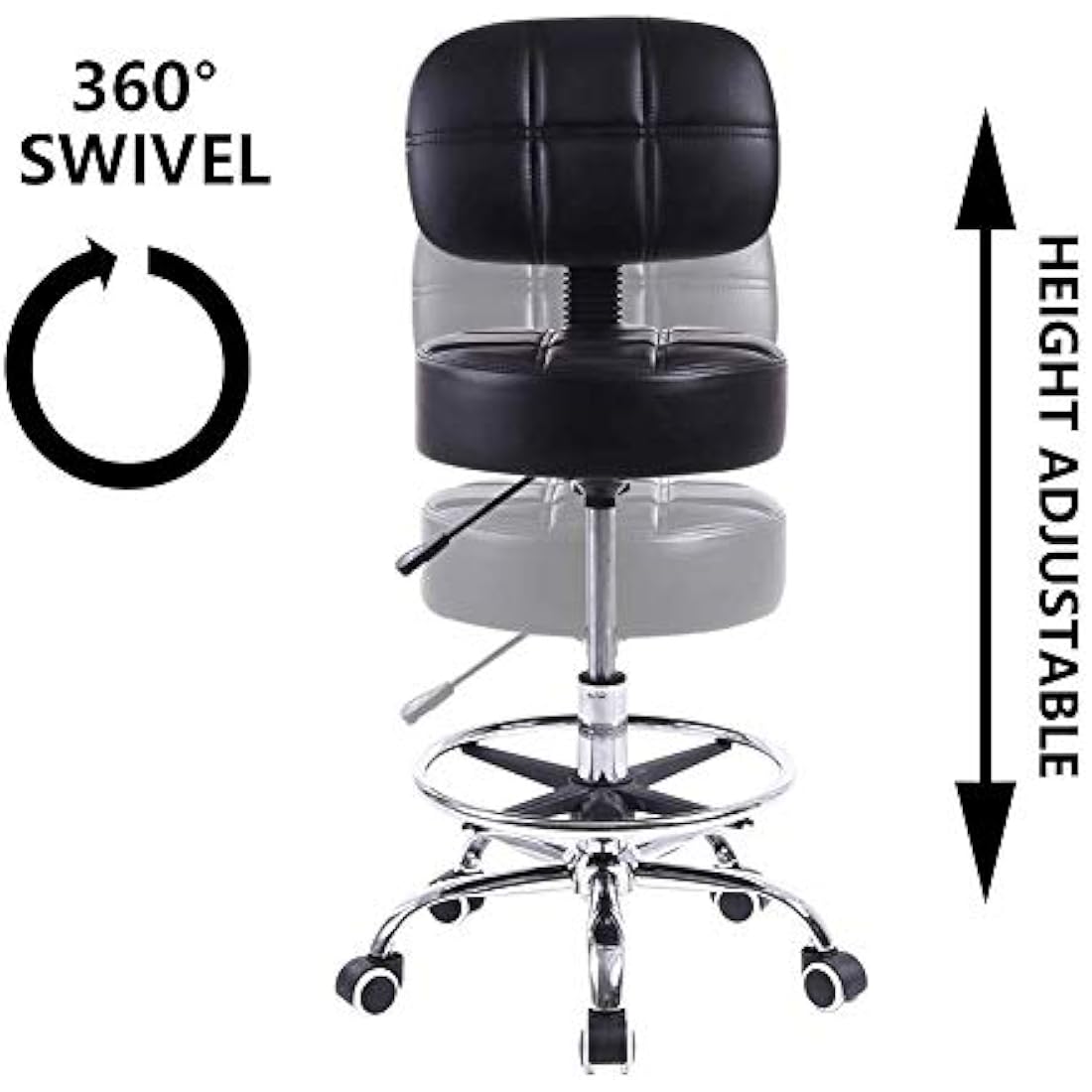 KKTONER Swivel Round Rolling Stool PU Leather with Adjustable Foot Rest, Height Adjustable Task Work Drafting Chair with Back (Black)