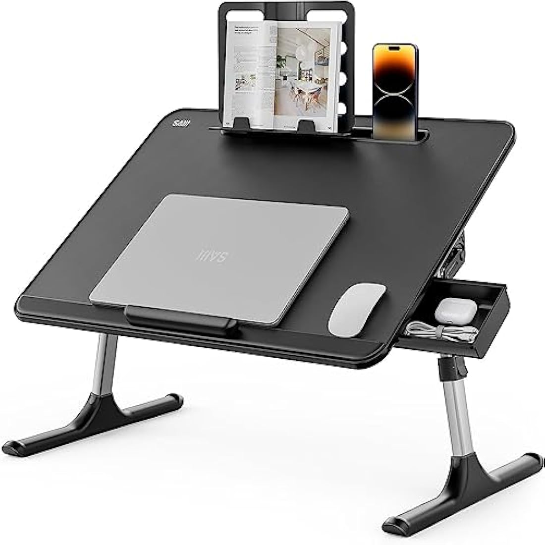 Laptop Desk, SAIJI 60 * 40cm Bed Table, Lapdesk, Height Angle adjustable, with Book Stand, Drawer, Tablet Slot, Breakfast Bed Tray for Sofa, Bed