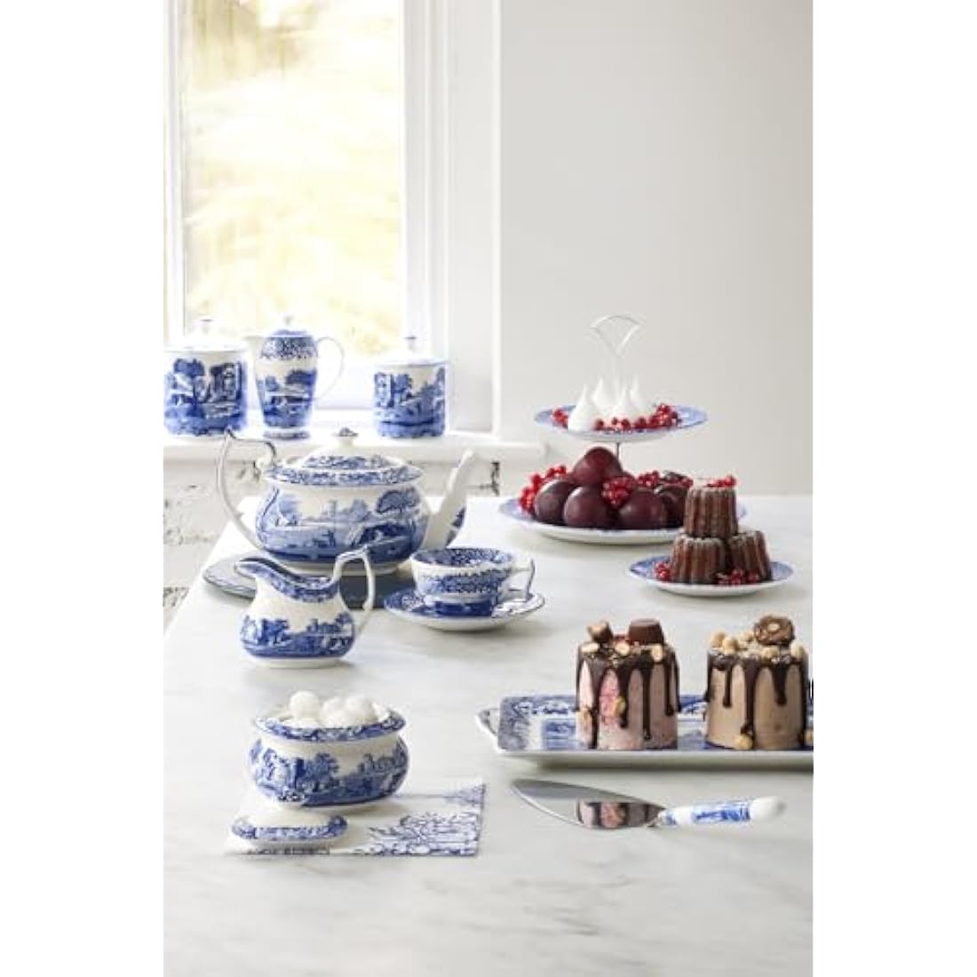 Spode Blue Italian Teacup and Saucer, Set of 4