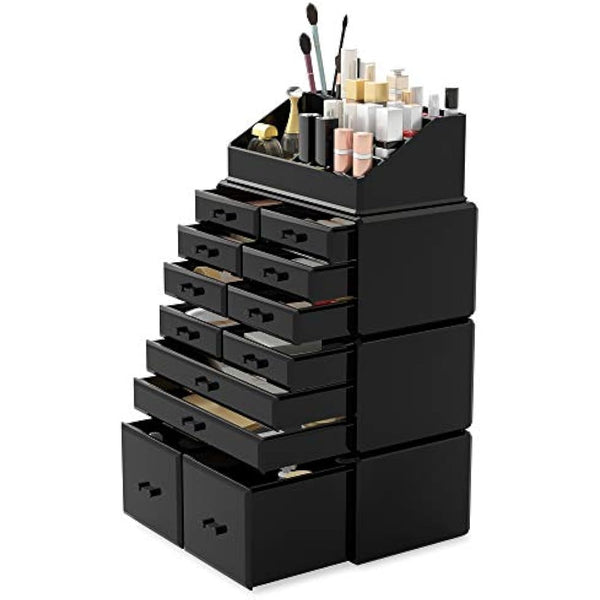 READAEER Makeup Cosmetic Organizer Storage Drawers Display Boxes Case with 12 Drawers (Black)