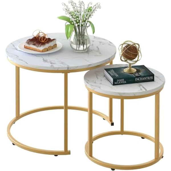 Huhote Round Coffee Tables, Set of 2 End Table, Nesting Tables, Side Table with Metal Frame for Living Room/Bedroom/Balcony/Office/Apartment, Diameter 23.6/15.7 IN (Gold Frame, White Marble Top)