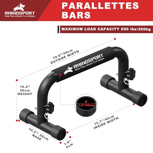 RHINOSPORT Parallettes Bars Dip Calisthenics Push Up Bars 10.2 in High 300Kg/661lbs Weight Capacity Strength Training Home Gym Workouts Calisthenics