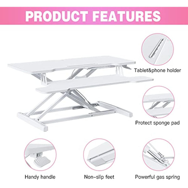 Opal Living Large 36" White Standing Desk Converter with Keyboard Raiser - Adjustable Sit to Stand Desk Stand