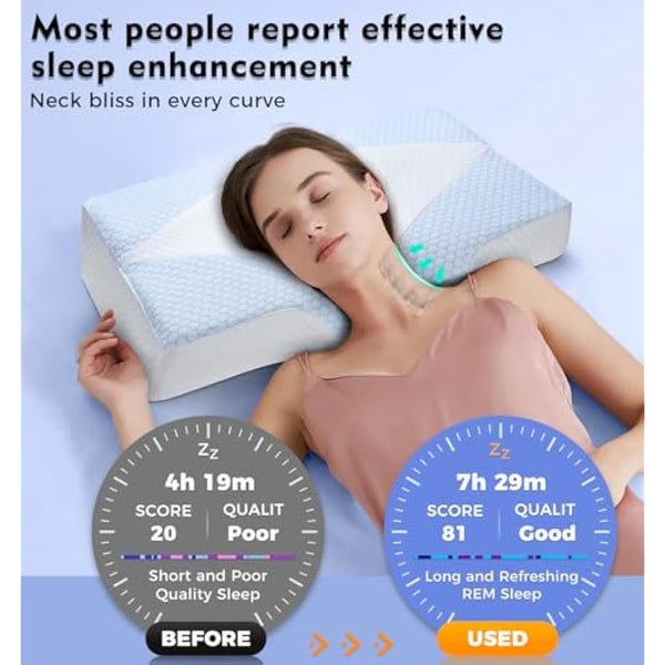 Memory Foam Neck Support Pillow for Neck and Shoulder Pain Sleeping with Cooling Pillowcase: Ergonomic Cervical Pillow 5X Pain Relief - Contour Bed Bolster Pillows for Side Back Stomach Sleepers