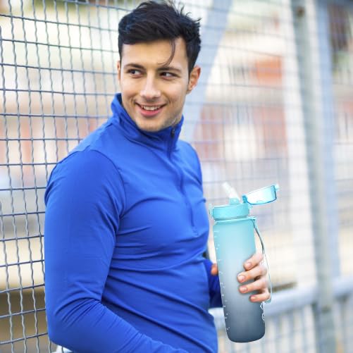 OLDLEY 1L/32oz Sports Water Bottle, 1000ml Motivational Drinks Bottle with Time Markings Leak Proof Drink & Lock Cover & No Straw, BPA Free for Adults Women Men Gym School Cycling Running Hiking