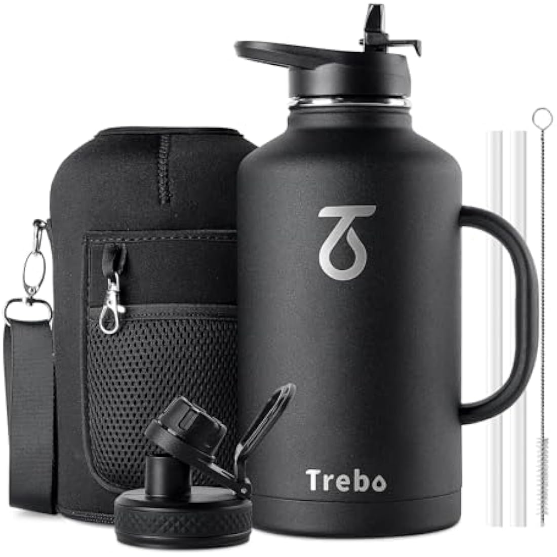 Trebo Stainless Steel Water Bottle 2L, Large Metal Bottle with Handle, Wide Mouth, Double Wall, Keeps Water Cold for 48 Hours, Black