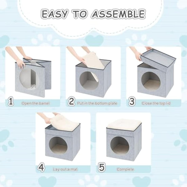 Bonlife Large Cat Beds for Indoor,Felt Pets Tent with Two Move Cushion,Warm Comfortable Semi-Enclosed Foldable Cat Hideaway,Light Grey,45X45X50CM