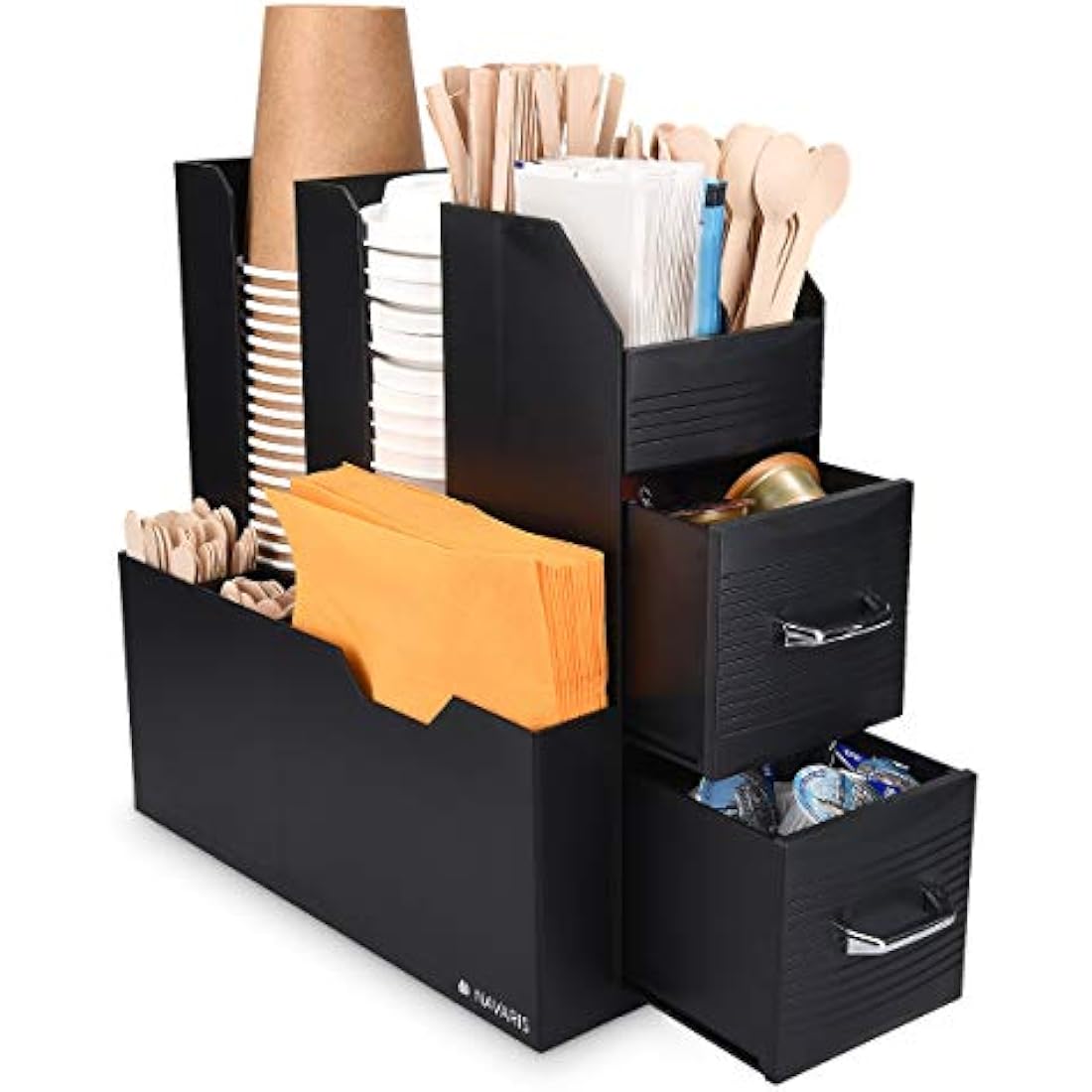 Navaris Coffee Condiment and Accessory Caddy - Coffee and Tea Organiser Station Cup Storage Holder Box Stand with Compartments and 2 Drawers - Black