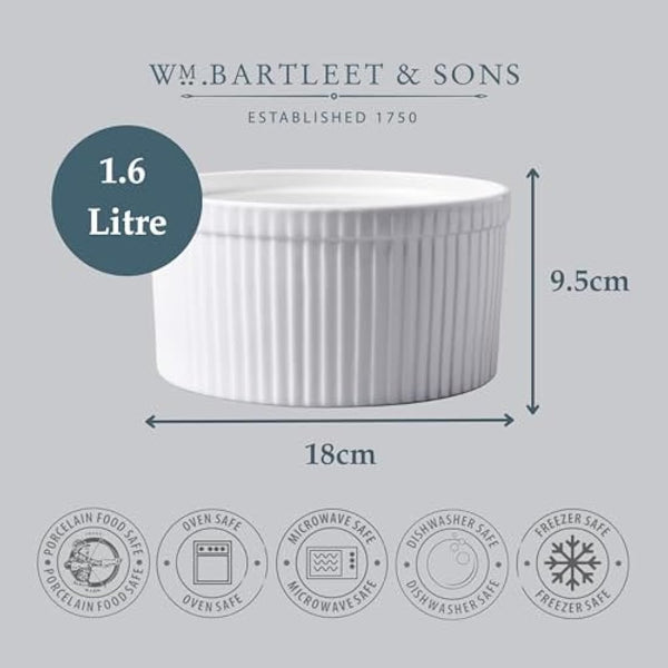 WM Bartleet & Sons 1750 T178 Traditional Porcelain Professional Soufflé Dish, 18cm Diameter, 1.6 LTR Capacity – White