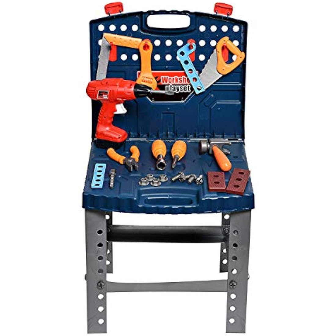 Playkidiz Construction Workbench - Kids Tool Set - Portable Toolbox Toy Playset - Kids Tool Bench Includes Working Electric Power Drill, Travel Carry Case & 45+ Tools & Accessories - Ages 3+