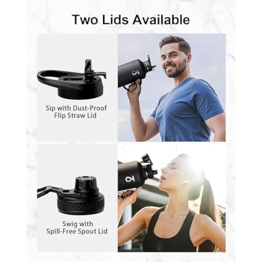 Trebo Stainless Steel Water Bottle 2L, Large Metal Bottle with Handle, Wide Mouth, Double Wall, Keeps Water Cold for 48 Hours, Black