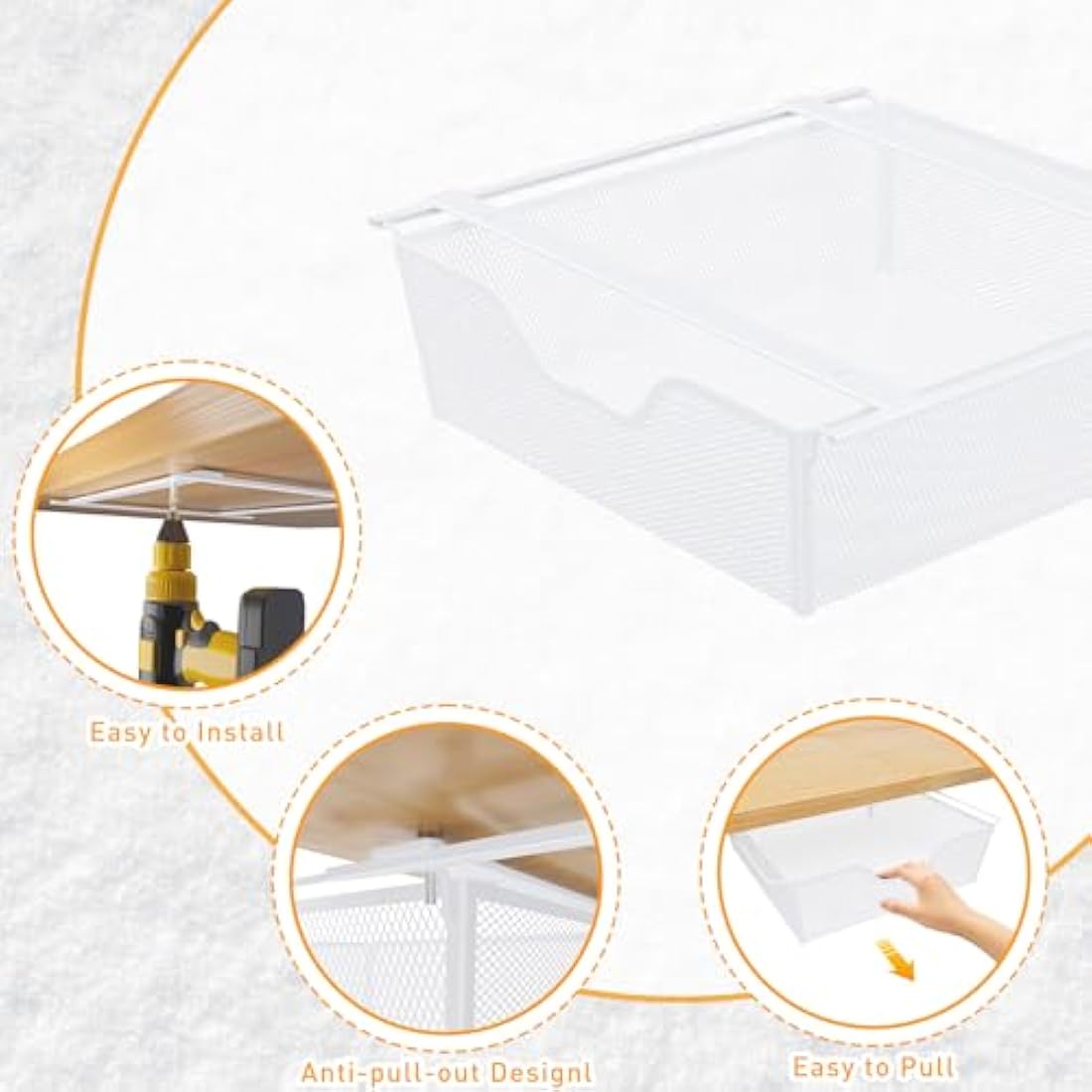 2 Pack Pull Out Basket Storage Under Shelf, Under Cabinet Hanging Drawer, Metal Wire Mesh Storage Basket Organizer for Kitchen, Office, Wardrobes, Cupboard rack White