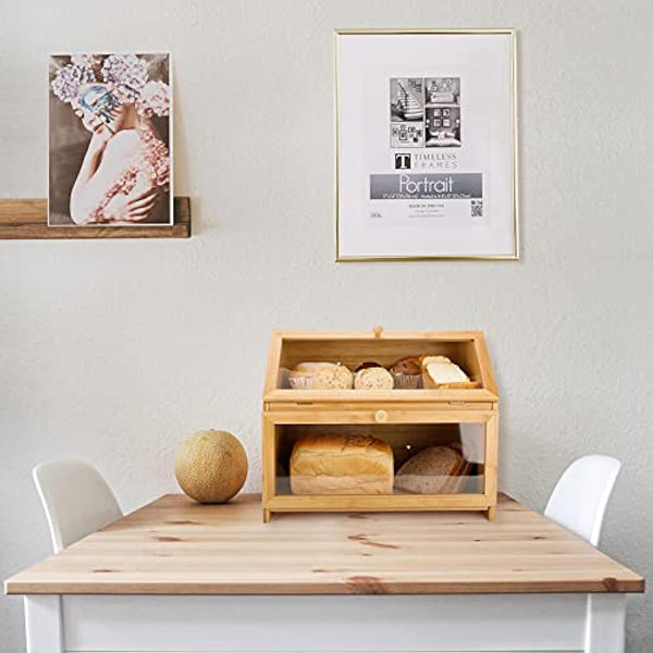 Leader Accessories Double Decker Bamboo Bread Bin 2-Layer Bread Box Large Capacity Bread Storage for Kitchen 15.3"x9.8"x12.6"
