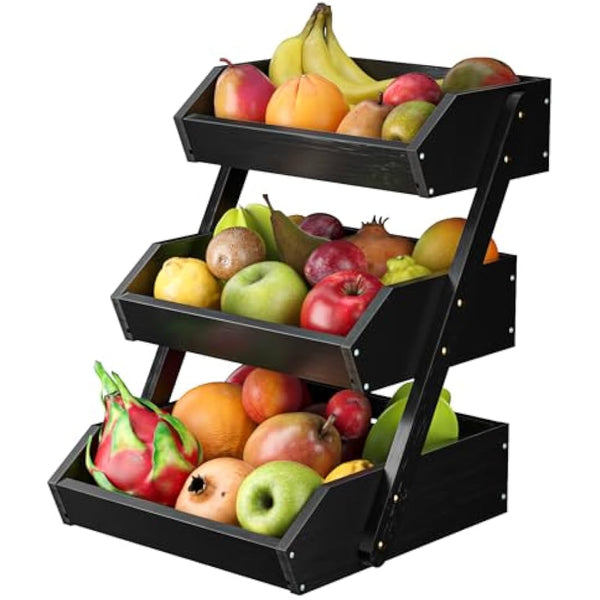 CALM COZY Bamboo Fruit Basket, 3-Tier Fruit Rack Holder Organiser for Countertop, Decorative Fruit Bowl Vegetables Bread Storage Stand for Kitchen, Black