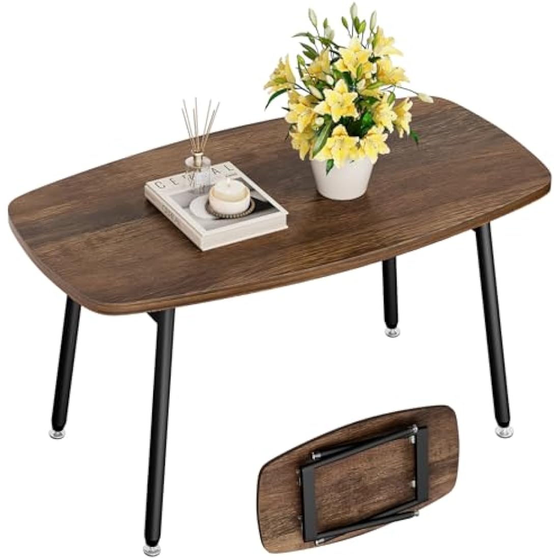 WOHOMO Folding Coffee Table Rustic Small Coffee Tables for Living Room Farmhouse Portable Table for Small Spaces Rectangular Mid Century Coffee Tables, No Assembly 31.5 * 15.7 * 17.7IN, Walnut