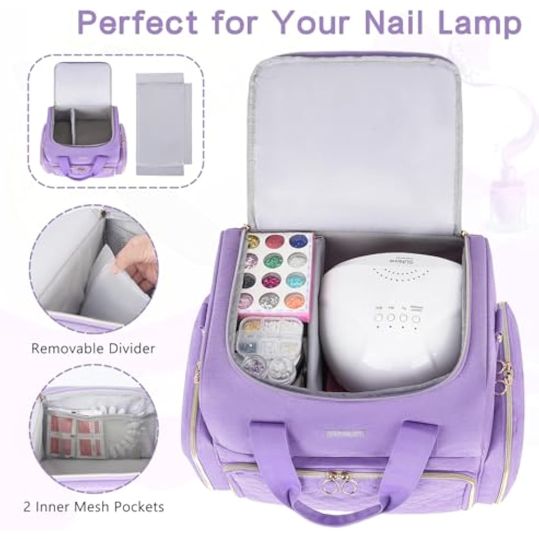 Purple Nail Organiser Case - Double Layer Carrying Bag Holds 80 Bottles - Includes Removable Bags & Nail Lamp