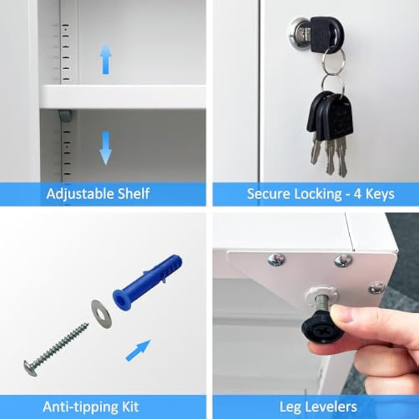 iJINGUR Metal Storage Cabinet with Locking Doors and 3 Adjustable Shelves, Lockable Steel Storage Cupboard for Home Office and Garage (White)