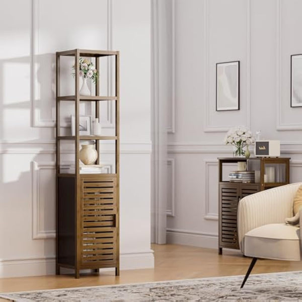 HITNET Bathroom Storage Cabinet Bamboo, Tall Narrow Space Saver Organizer Floor Standing for Kitchen, 4 Open Shelves and 1 Cupboard with Door, Walnut