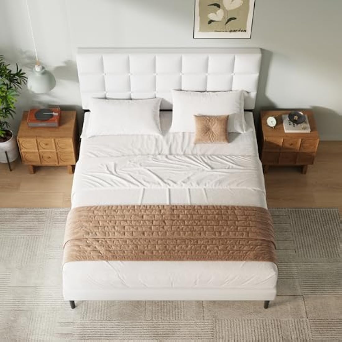 Yocreat Super King Bed Frame, Easy Assembly, Sturdy Wooden Slat Support, Upholstered Platform with Headboard, No Box Spring Needed, White Super King Bed 180×200